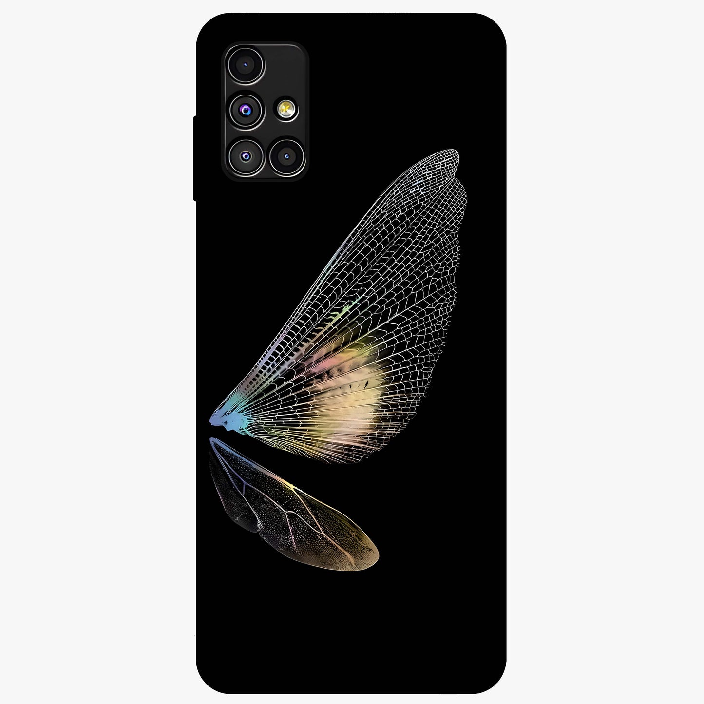 Whispers Of Wings Glass Case showing flat back view with graceful wing inspired artwork and glossy glass finish.