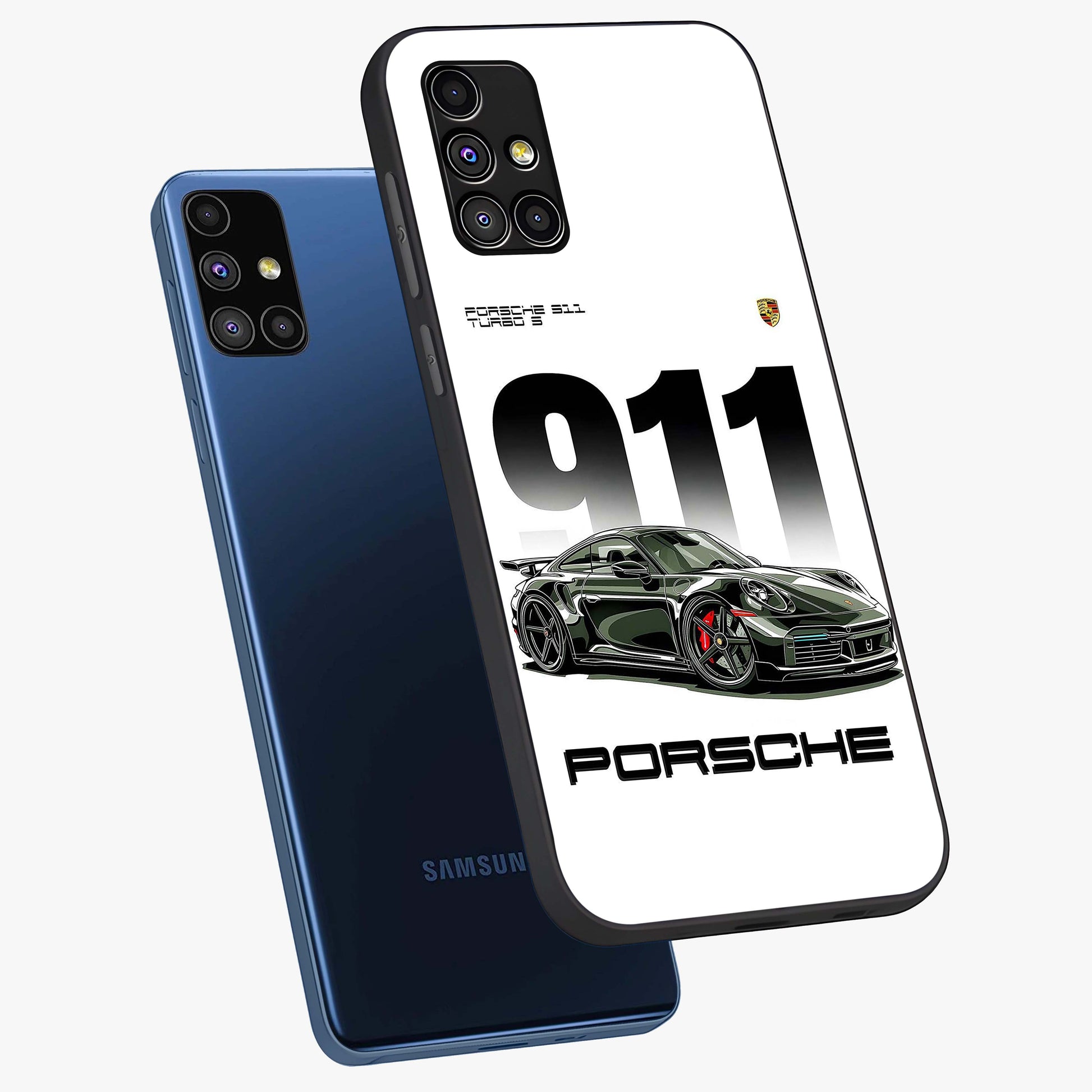 911 Turbo Dominance Glass Case displayed in premium angled mockup highlighting sporty car illustration and sleek glass surface.
