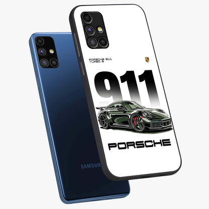 911 Turbo Dominance Glass Case displayed in premium angled mockup highlighting sporty car illustration and sleek glass surface.