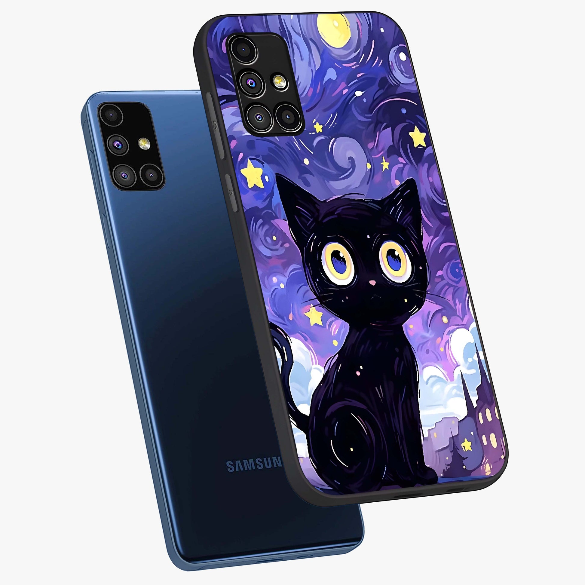 Abstract Cat Art Glass Case displayed in angled mockup highlighting modern abstract cat artwork and sleek glass surface.