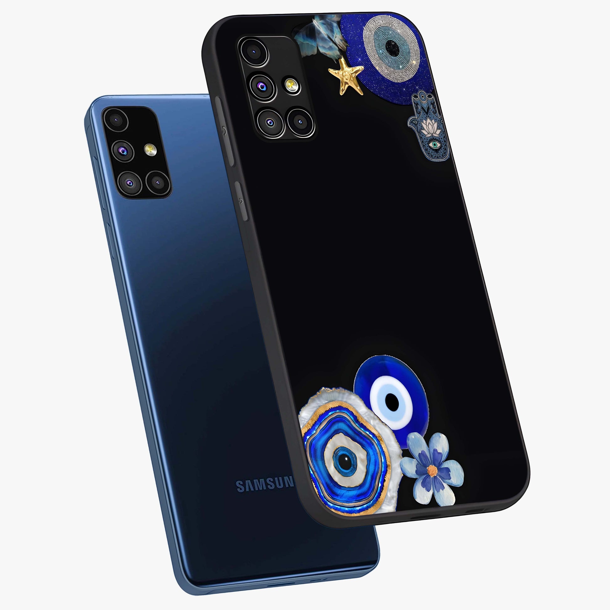 Aesthetic Blue Evil Eye Glass Case displayed in angled mockup highlighting blue evil eye symbol and spiritual aesthetic design.