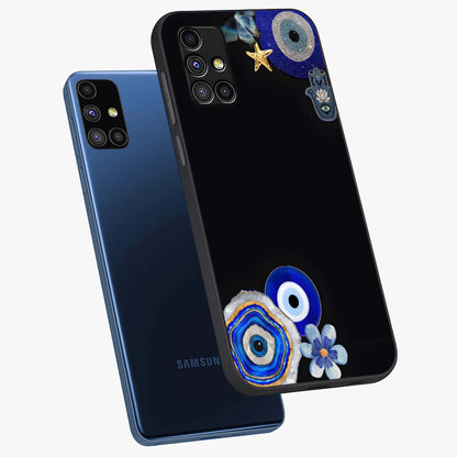Aesthetic Blue Evil Eye Glass Case displayed in angled mockup highlighting blue evil eye symbol and spiritual aesthetic design.