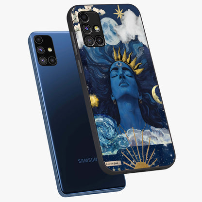 Aesthetic Lord Shiva Glass Case displayed in angled mockup highlighting spiritual Shiva illustration and sacred aesthetic design.