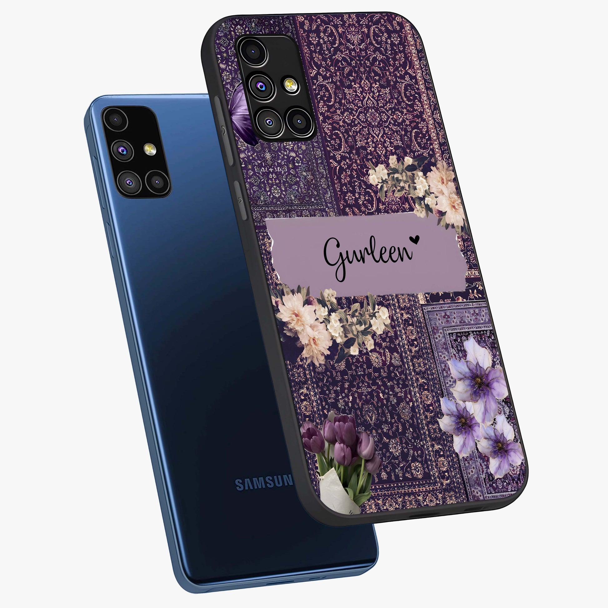 Antique Floral Whisper Custom Name Glass Case displayed in angled mockup highlighting elegant antique floral aesthetic.