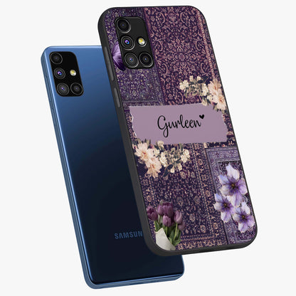 Antique Floral Whisper Custom Name Glass Case displayed in angled mockup highlighting elegant antique floral aesthetic.