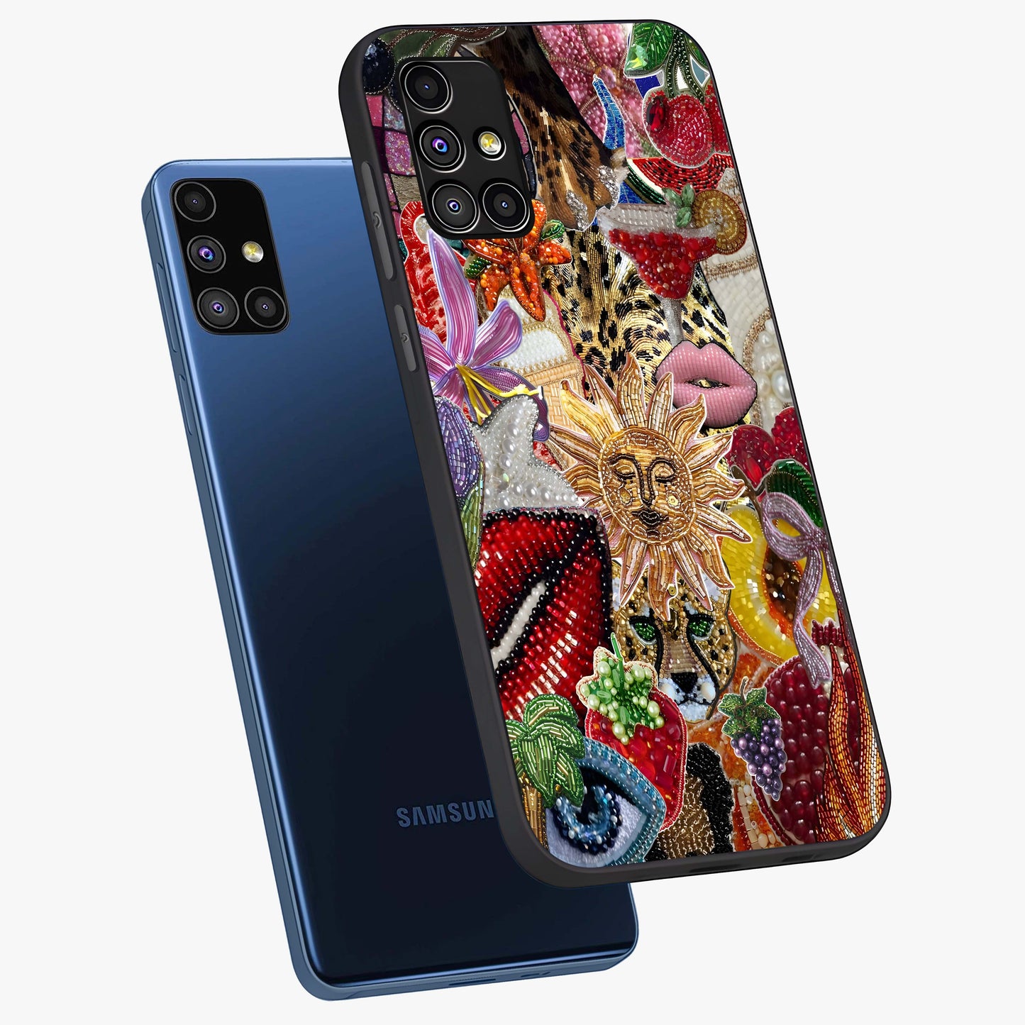 Beaded Fashion Jungle Glass Case displayed in angled mockup highlighting colorful fashion bead design and artistic pattern.