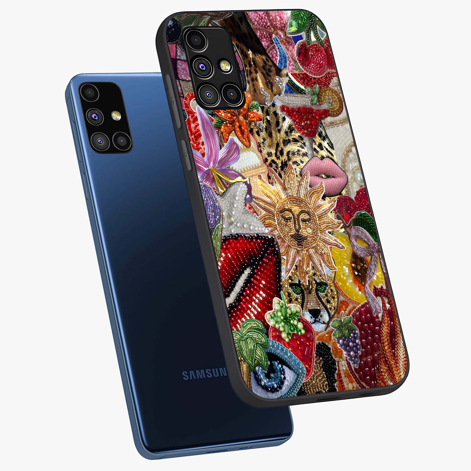 Beaded Fashion Jungle Glass Case displayed in angled mockup highlighting colorful fashion bead design and artistic pattern.