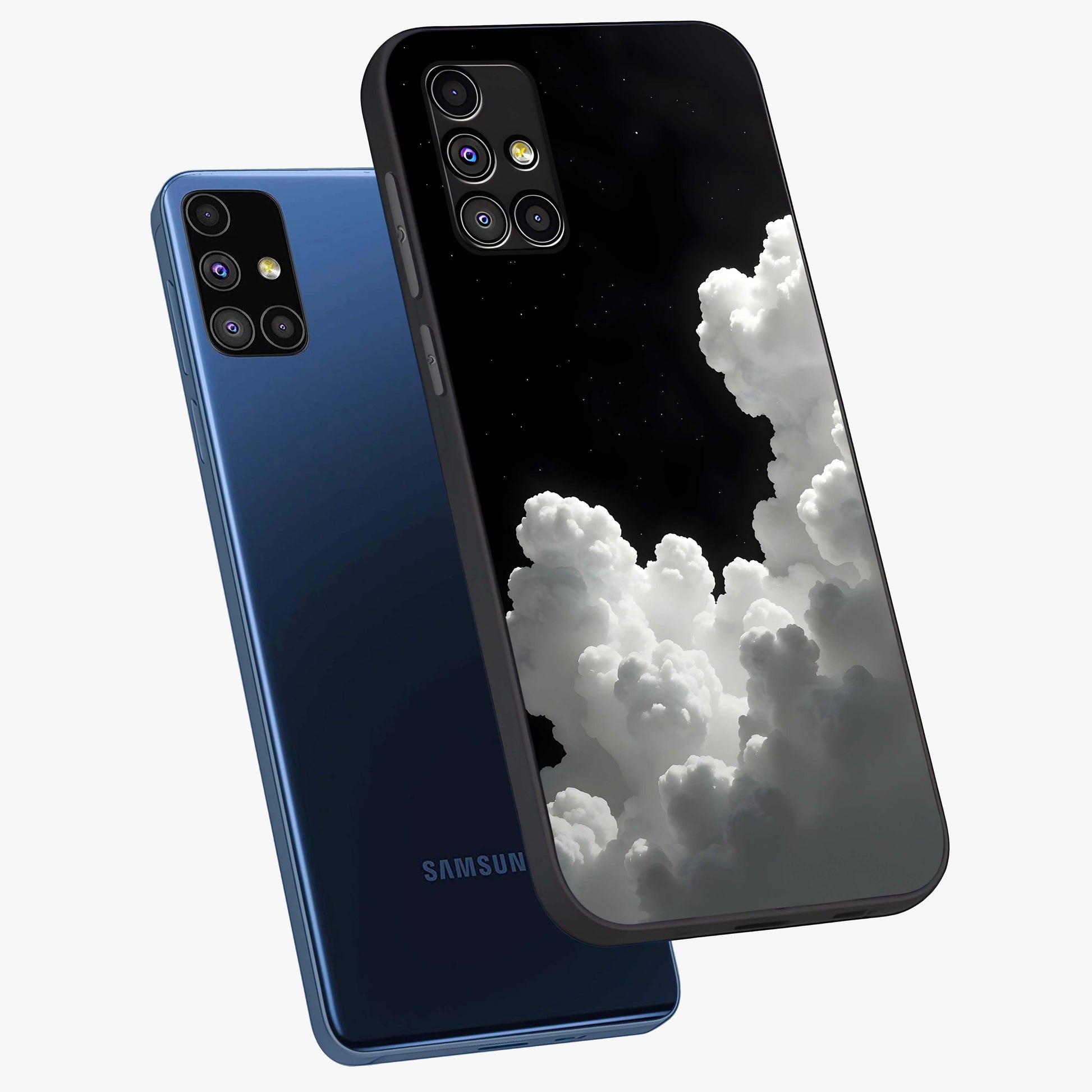 Black Background With White Cloud Glass Case displayed in angled mockup highlighting soft white cloud illustration and minimal design.