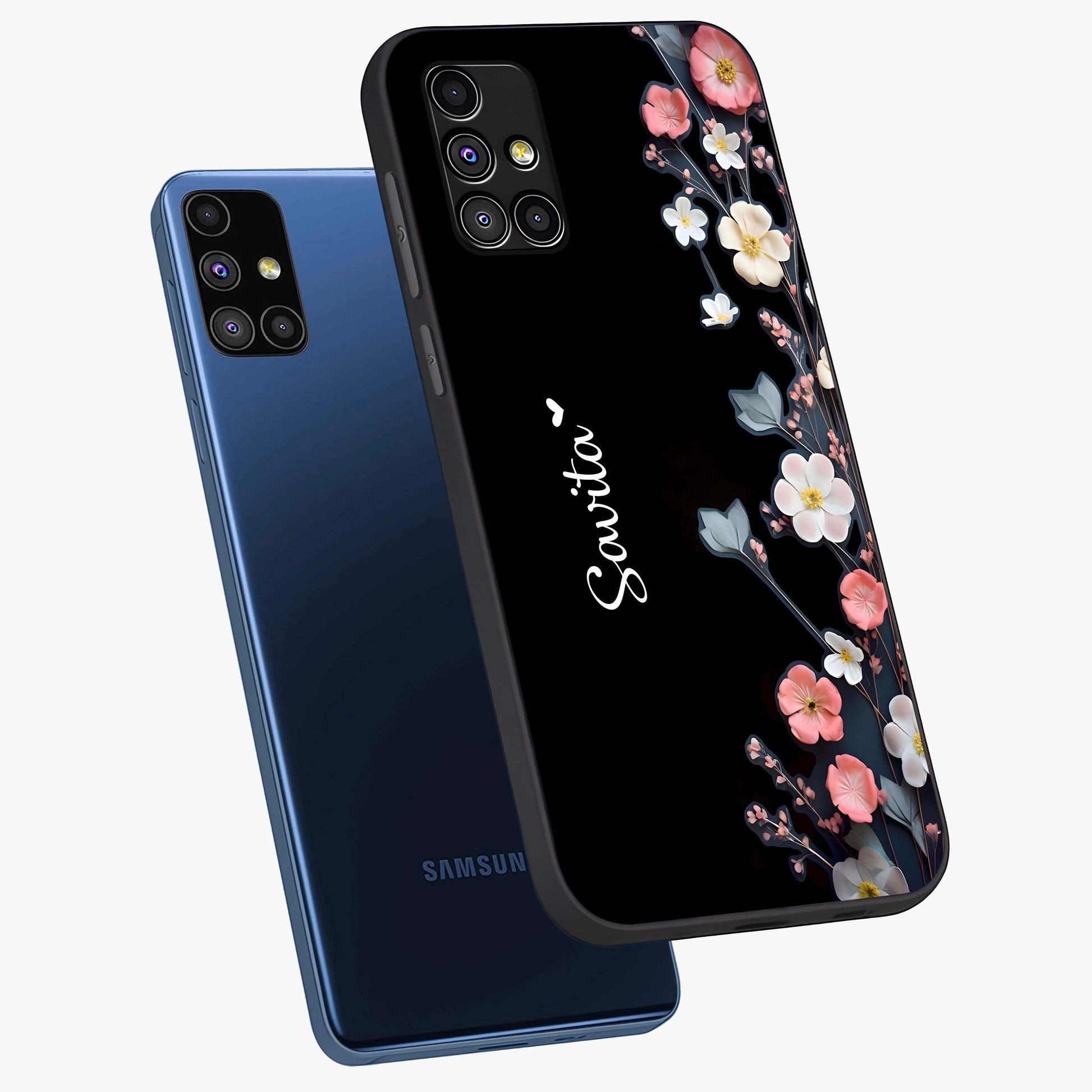 Black Elegance Floral Custom Name Glass Case displayed in angled mockup highlighting dark floral aesthetic and custom name feature.
