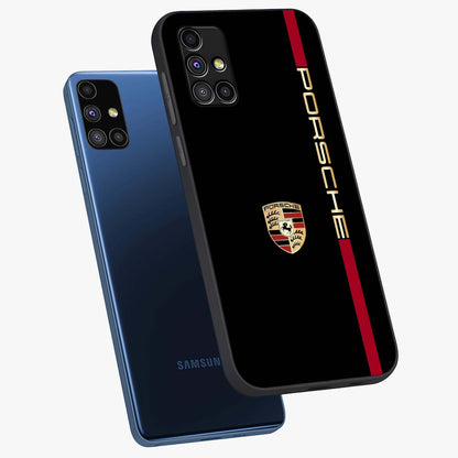 Black Minimal Porsche Glass Case displayed in angled mockup highlighting modern minimal car illustration and clean aesthetic design.