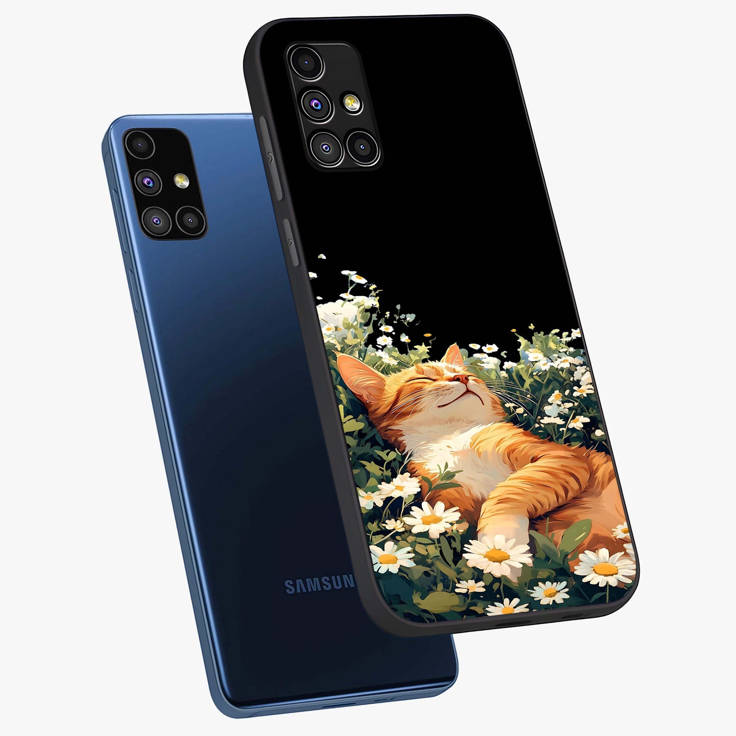 Blissful Bloom Cat Glass Case displayed in angled mockup highlighting playful feline illustration with soft floral aesthetic.