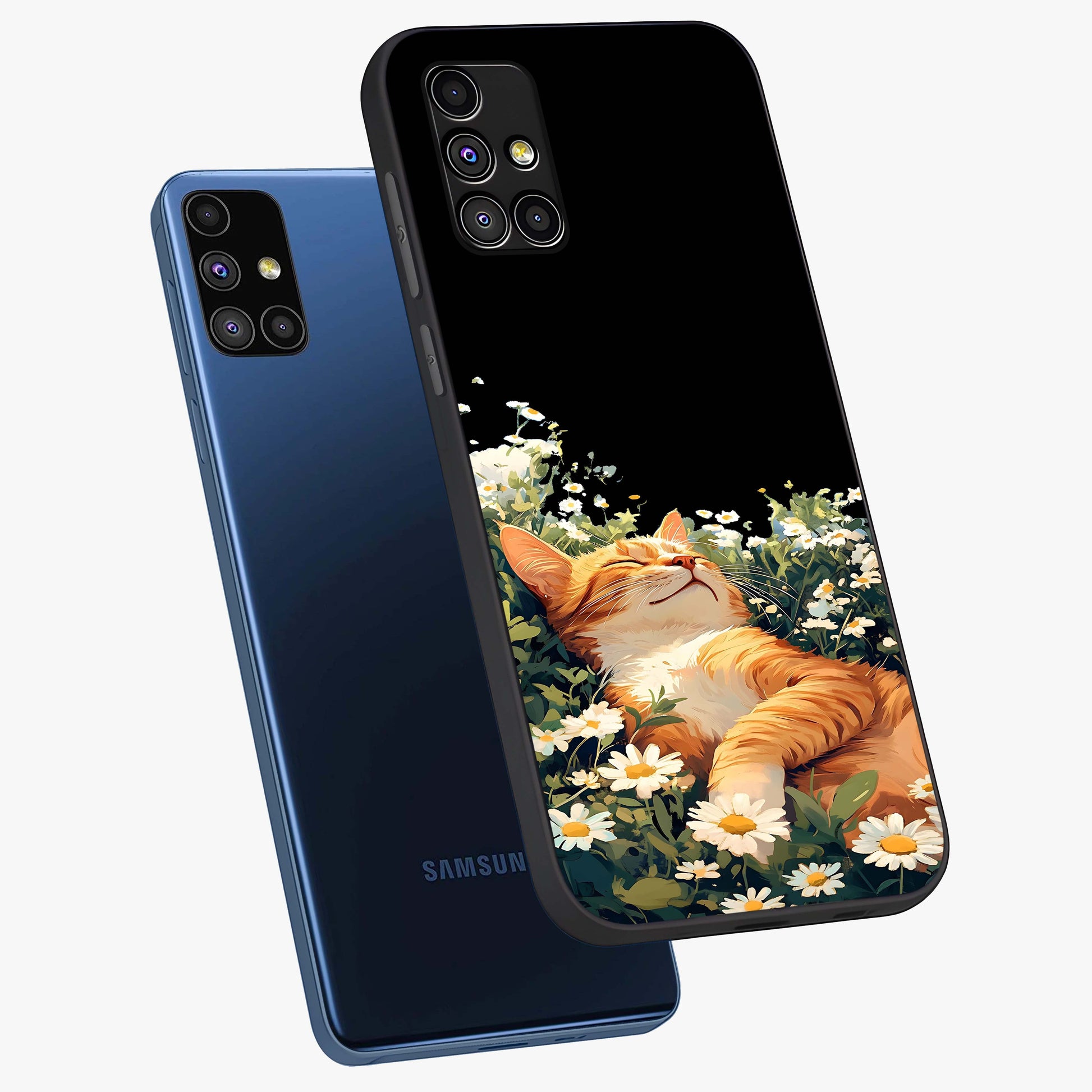 Blissful Bloom Cat Glass Case displayed in angled mockup highlighting playful feline illustration with soft floral aesthetic.
