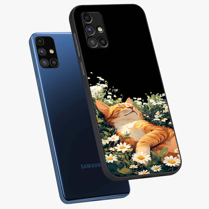 Blissful Bloom Cat Glass Case displayed in angled mockup highlighting playful feline illustration with soft floral aesthetic.