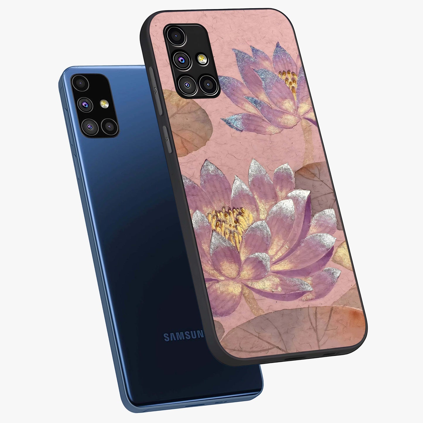 Blossom Mist Lotus Glass Case displayed in angled mockup highlighting delicate lotus illustration with calm aesthetic theme.