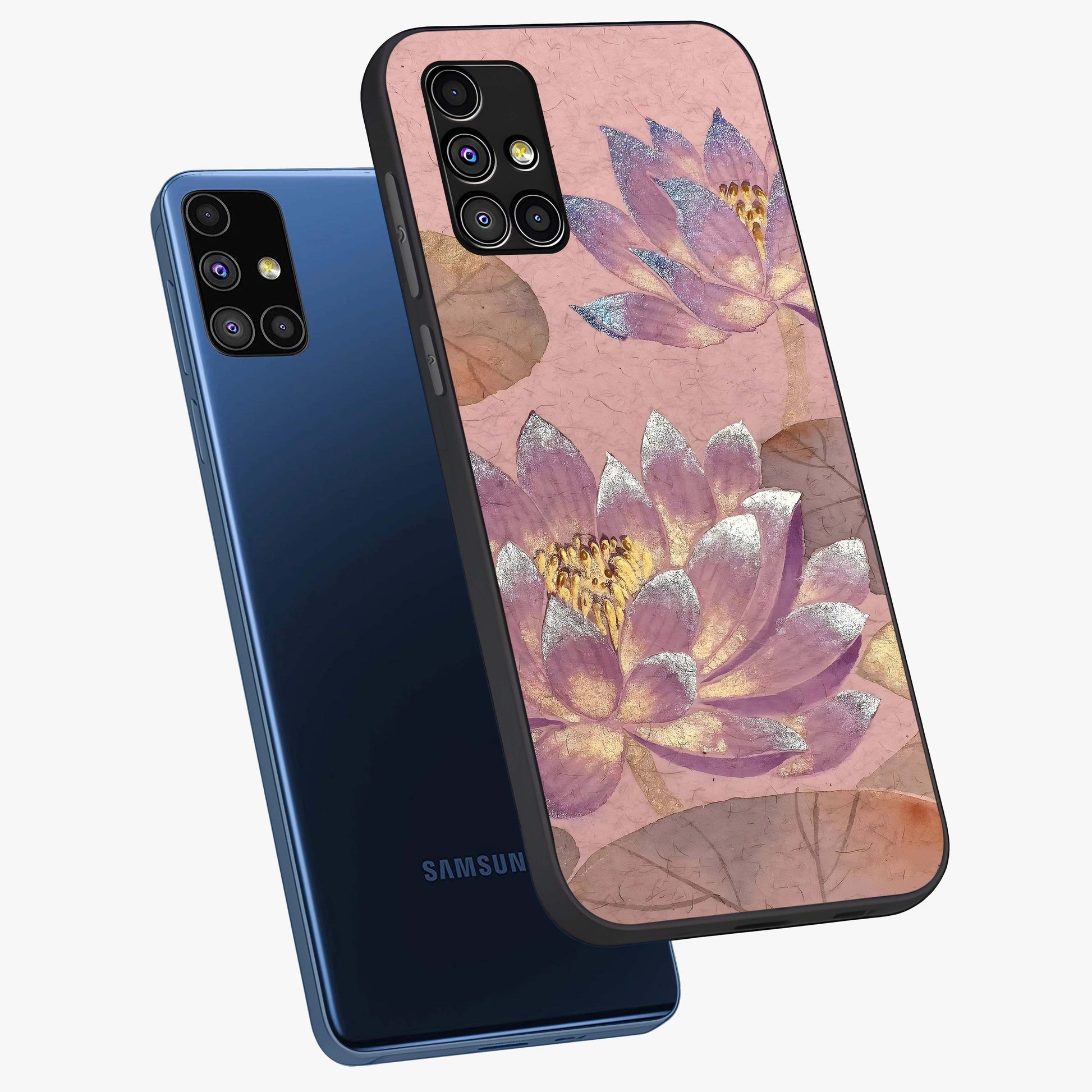 Blossom Mist Lotus Glass Case displayed in angled mockup highlighting delicate lotus illustration with calm aesthetic theme.