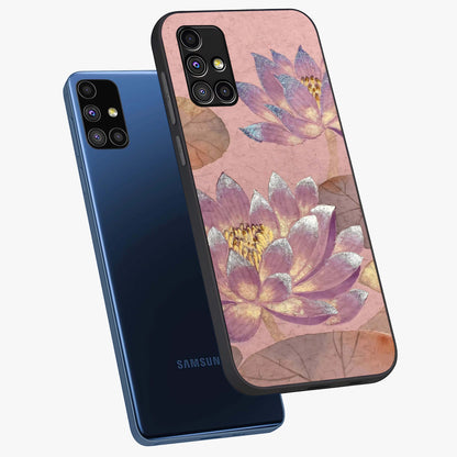Blossom Mist Lotus Glass Case displayed in angled mockup highlighting delicate lotus illustration with calm aesthetic theme.