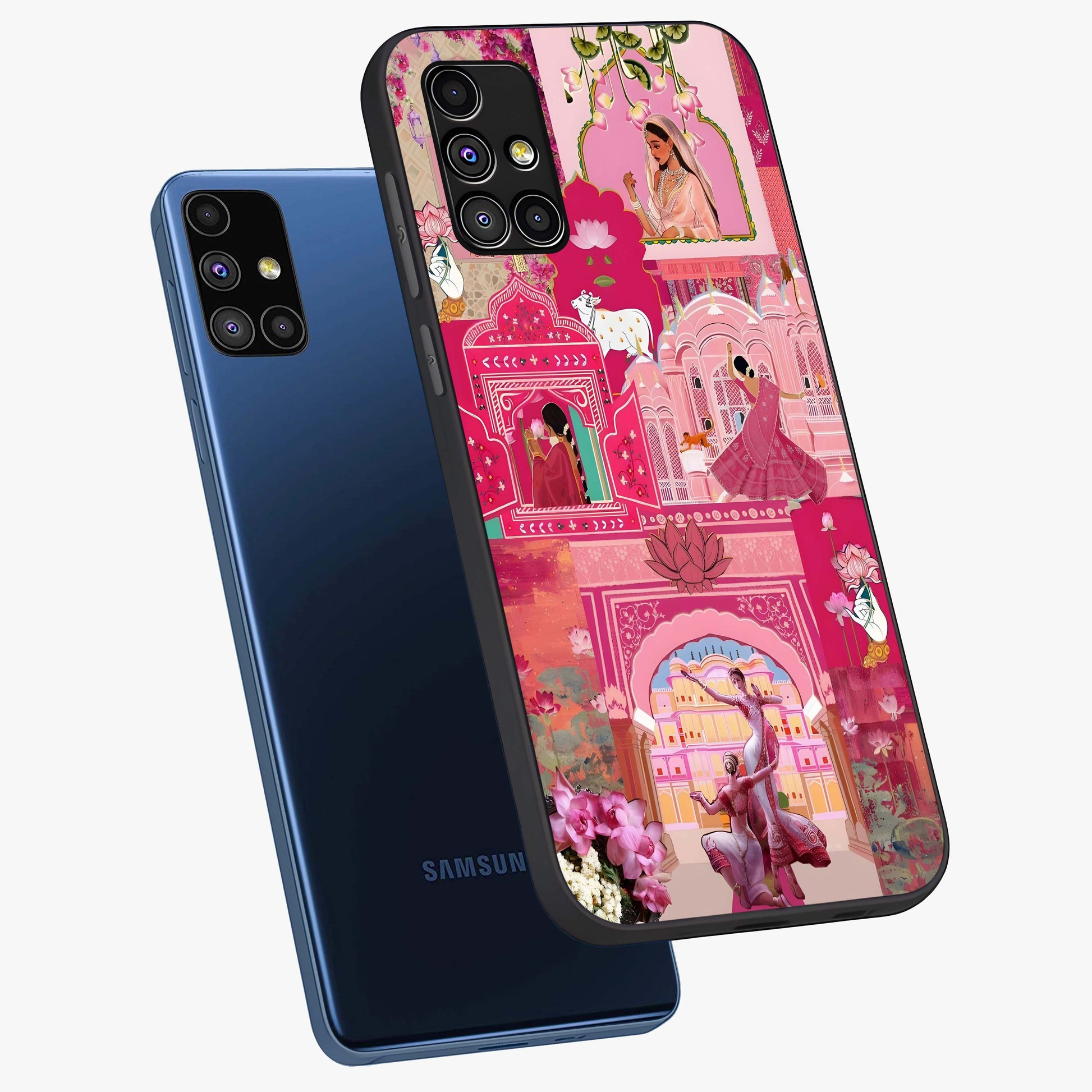 Blossoms of Rajasthan Glass Case displayed in angled mockup highlighting vibrant floral pattern with cultural aesthetic style.