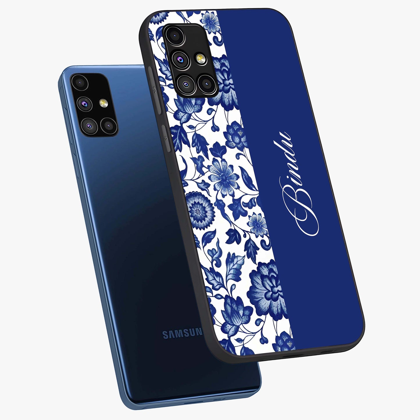 Blue Vintage Floral Pattern Glass Case displayed in angled mockup highlighting subtle bloom pattern with aesthetic pastel design.