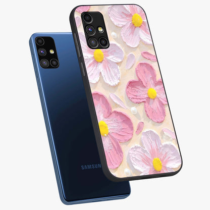 Blush Bloom Texture Glass Case displayed in angled mockup highlighting subtle bloom pattern with aesthetic pastel design.