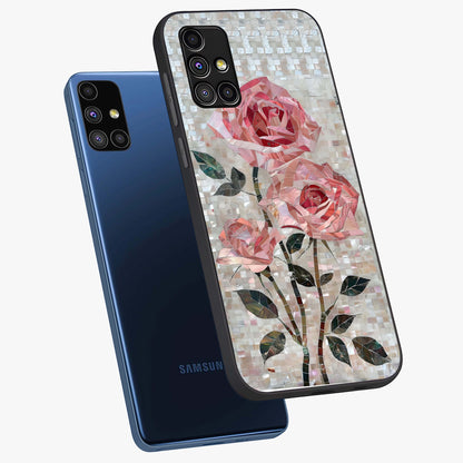 Blush Mosaic Bloom Glass Case displayed in angled mockup highlighting artistic mosaic flower pattern with aesthetic design.