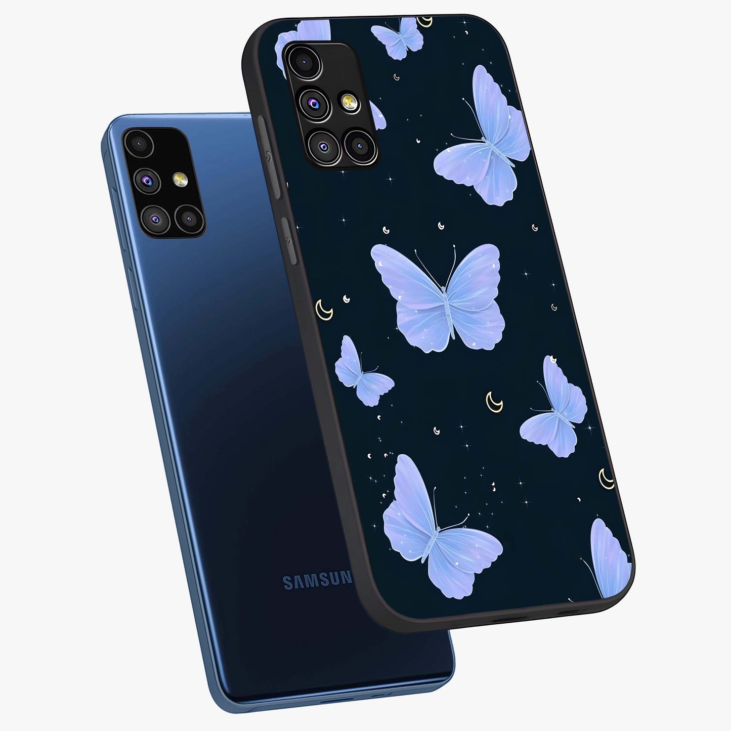 Butterfly With Stars Pattern Glass Case displayed in angled mockup highlighting dreamy butterfly and star design with aesthetic theme.