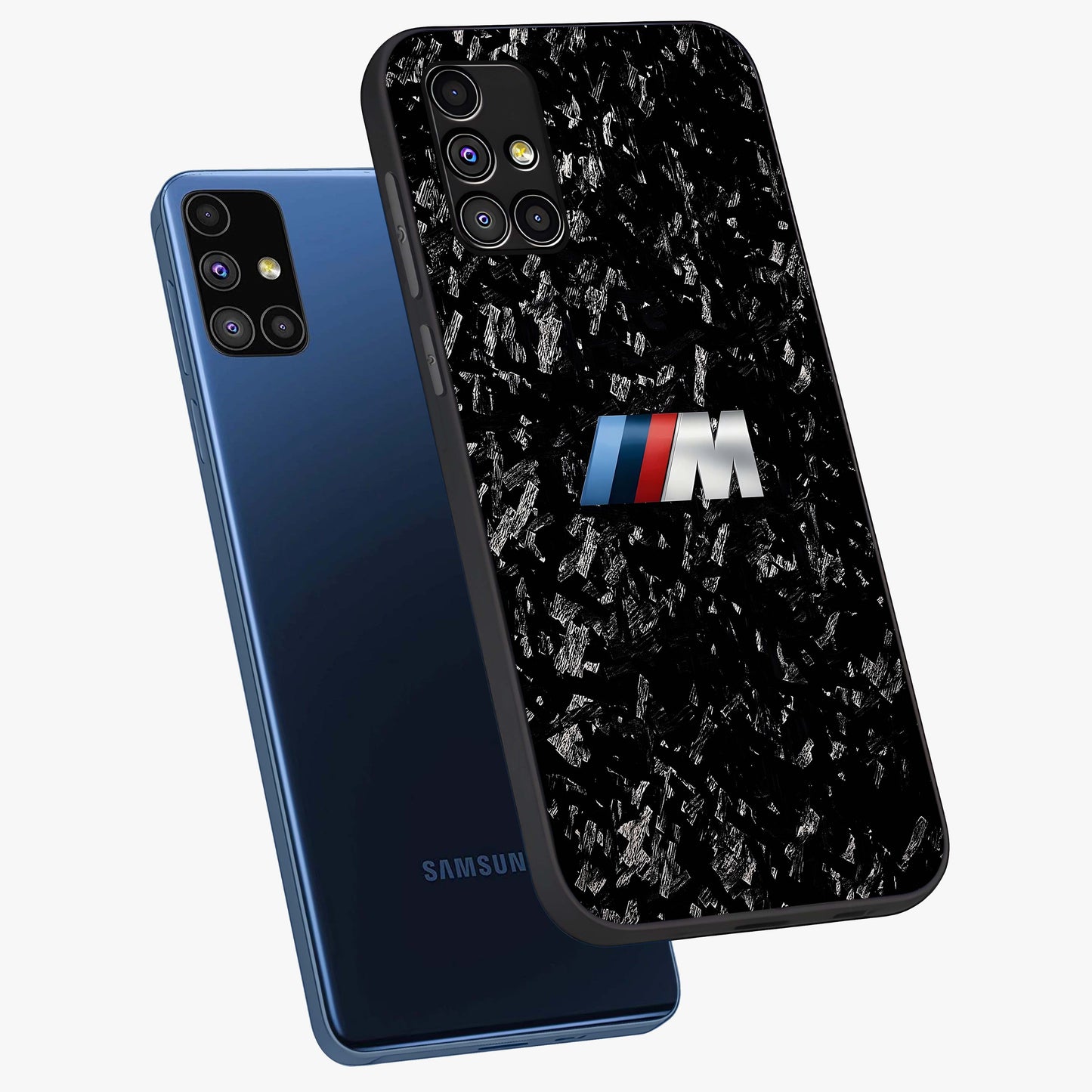 Carbon Speed Mark Glass Case displayed in angled mockup highlighting racing inspired carbon design and sleek aesthetic style.