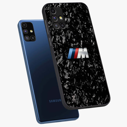 Carbon Speed Mark Glass Case displayed in angled mockup highlighting racing inspired carbon design and sleek aesthetic style.
