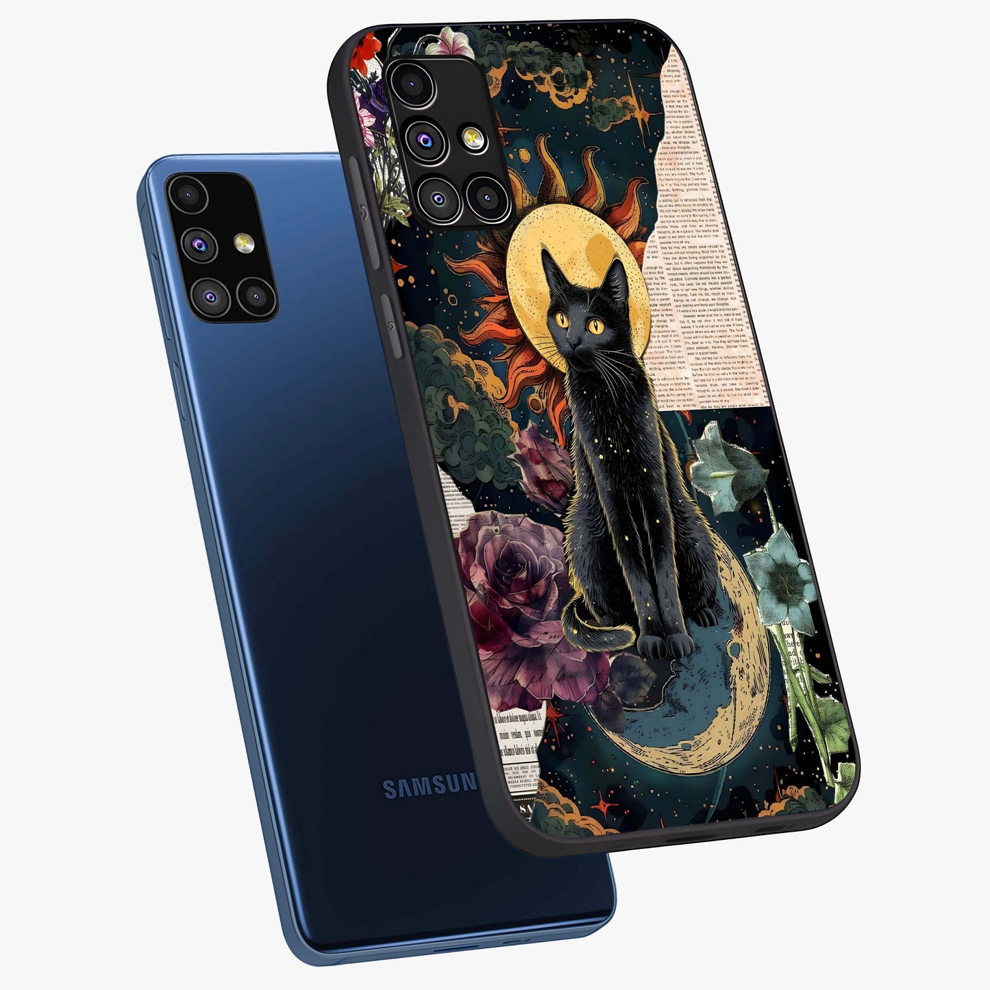 Celestial Black Cat Glass Case displayed in angled mockup highlighting cosmic black cat design with celestial aesthetic.