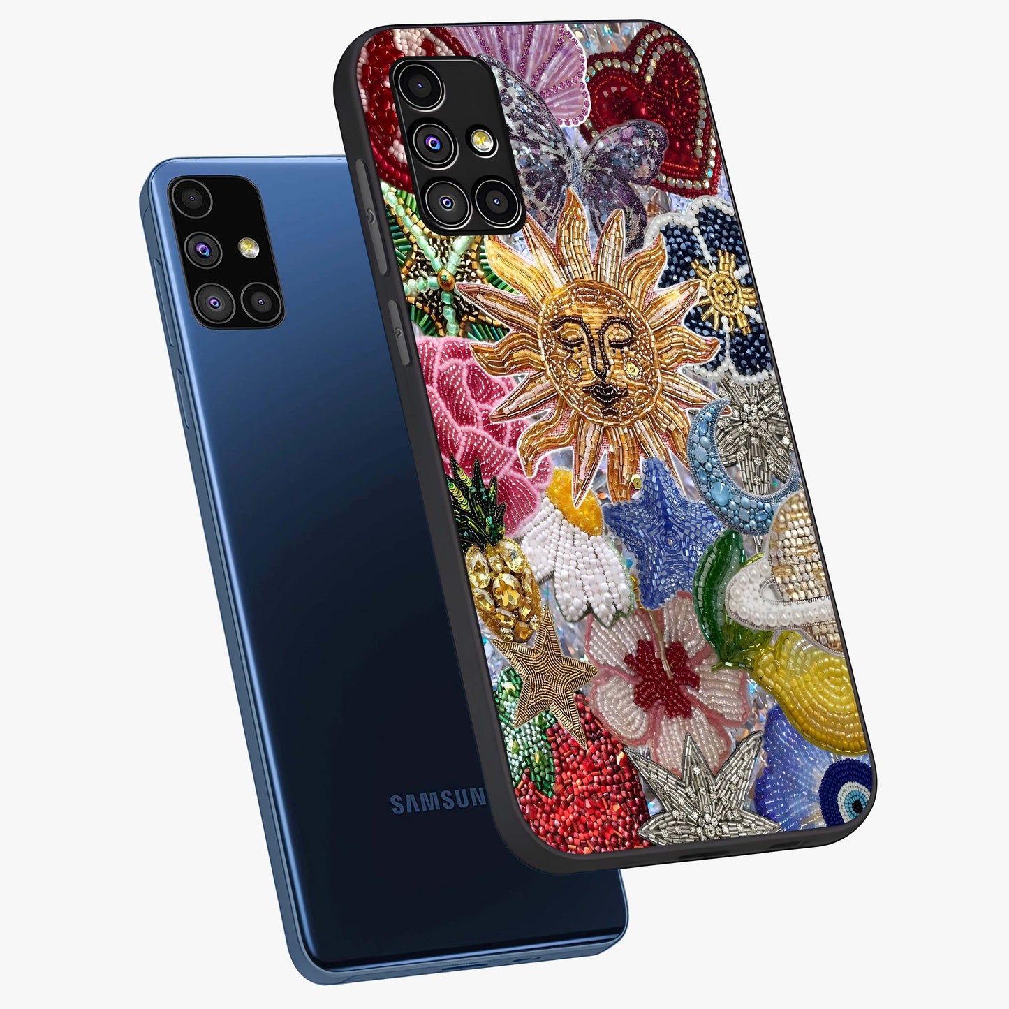 Celestial Floral and Playful Glass Case displayed in angled mockup highlighting playful floral design with dreamy celestial elements.