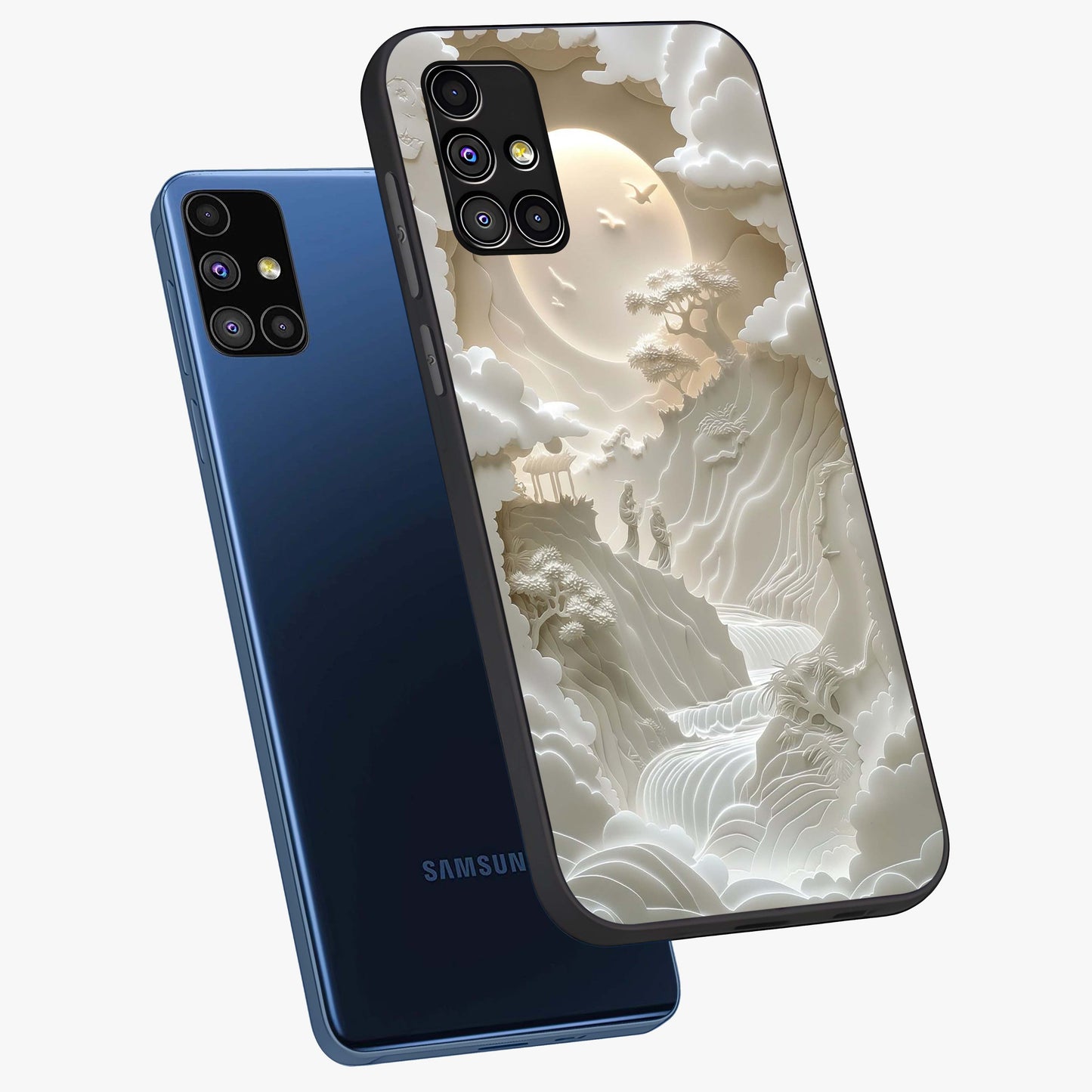 Celestial Origami Glass Case displayed in angled mockup highlighting geometric origami design with cosmic aesthetic theme.