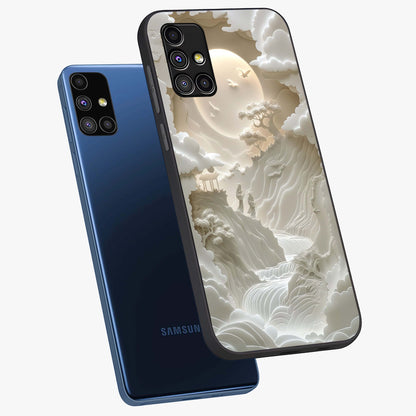 Celestial Origami Glass Case displayed in angled mockup highlighting geometric origami design with cosmic aesthetic theme.