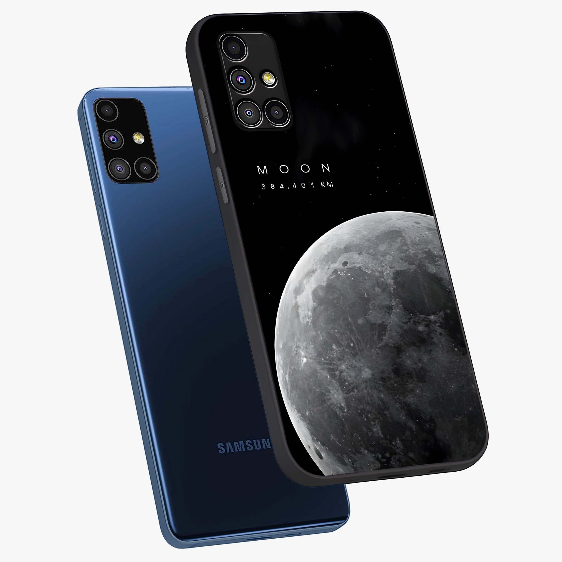 Cosmic Moon Glow Glass Case displayed in angled mockup highlighting celestial moon design with cosmic aesthetic theme.