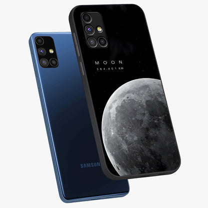 Cosmic Moon Glow Glass Case displayed in angled mockup highlighting celestial moon design with cosmic aesthetic theme.
