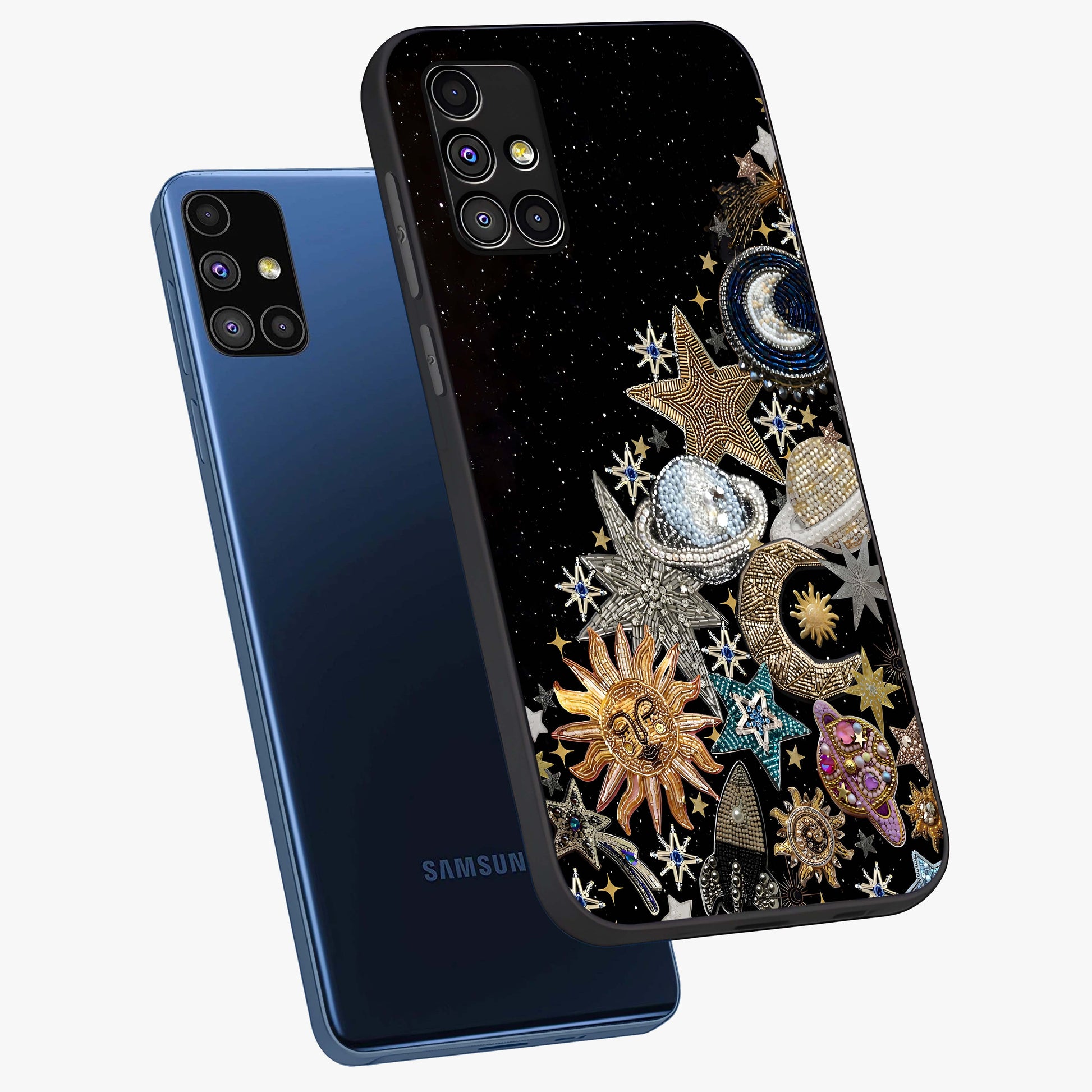 Cosmic Sparkle Dreams Glass Case displayed in angled mockup highlighting dreamy star sparkle design with celestial aesthetic.