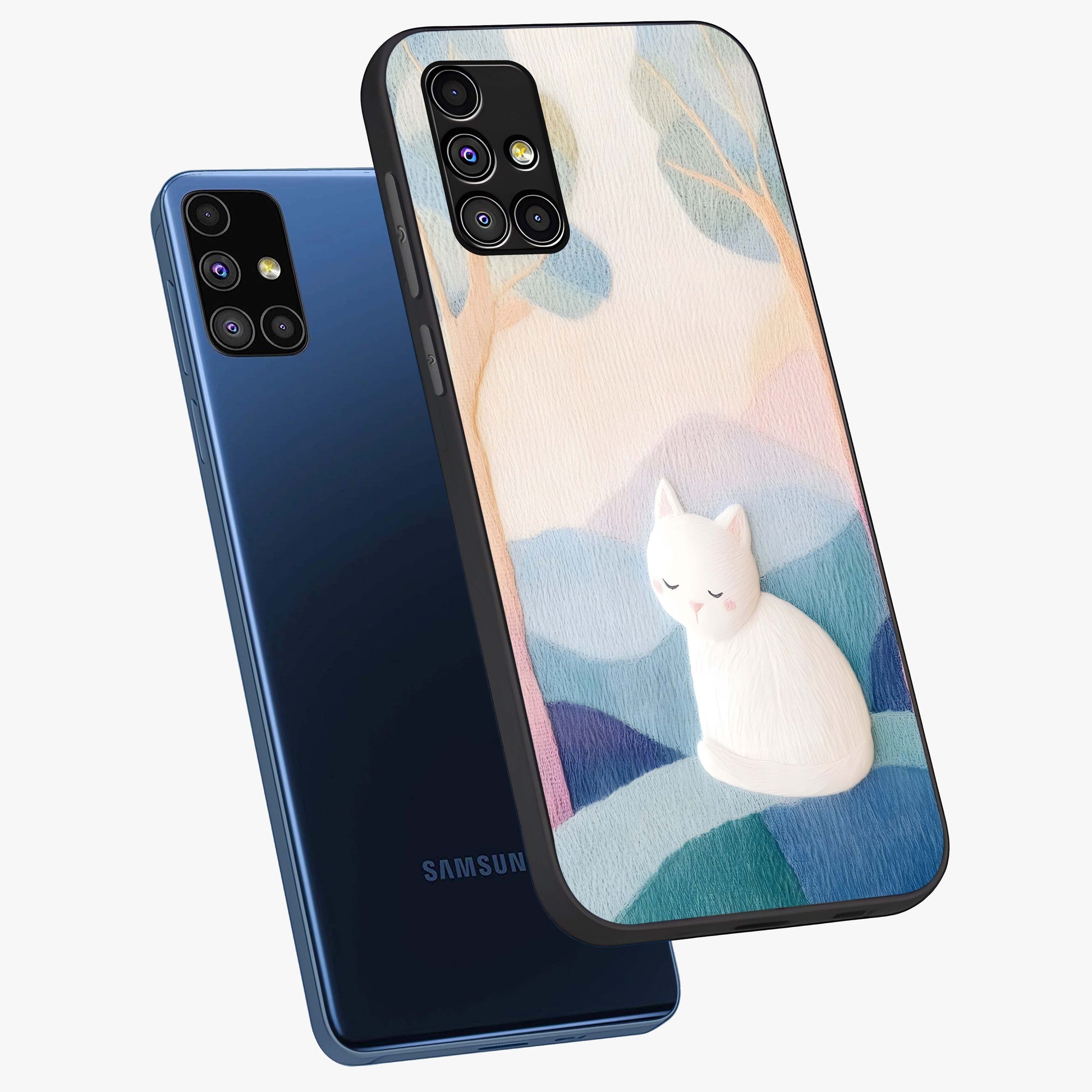 Cotton Dream Cat Glass Case displayed in angled mockup highlighting cute feline illustration with pastel aesthetic style.