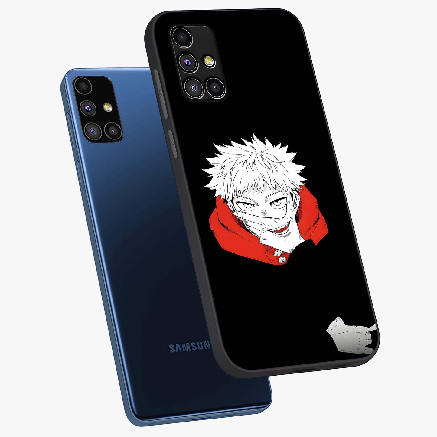 Crimson Chaos Smile Glass Case displayed in angled mockup highlighting edgy crimson smile design with graphic aesthetic.
