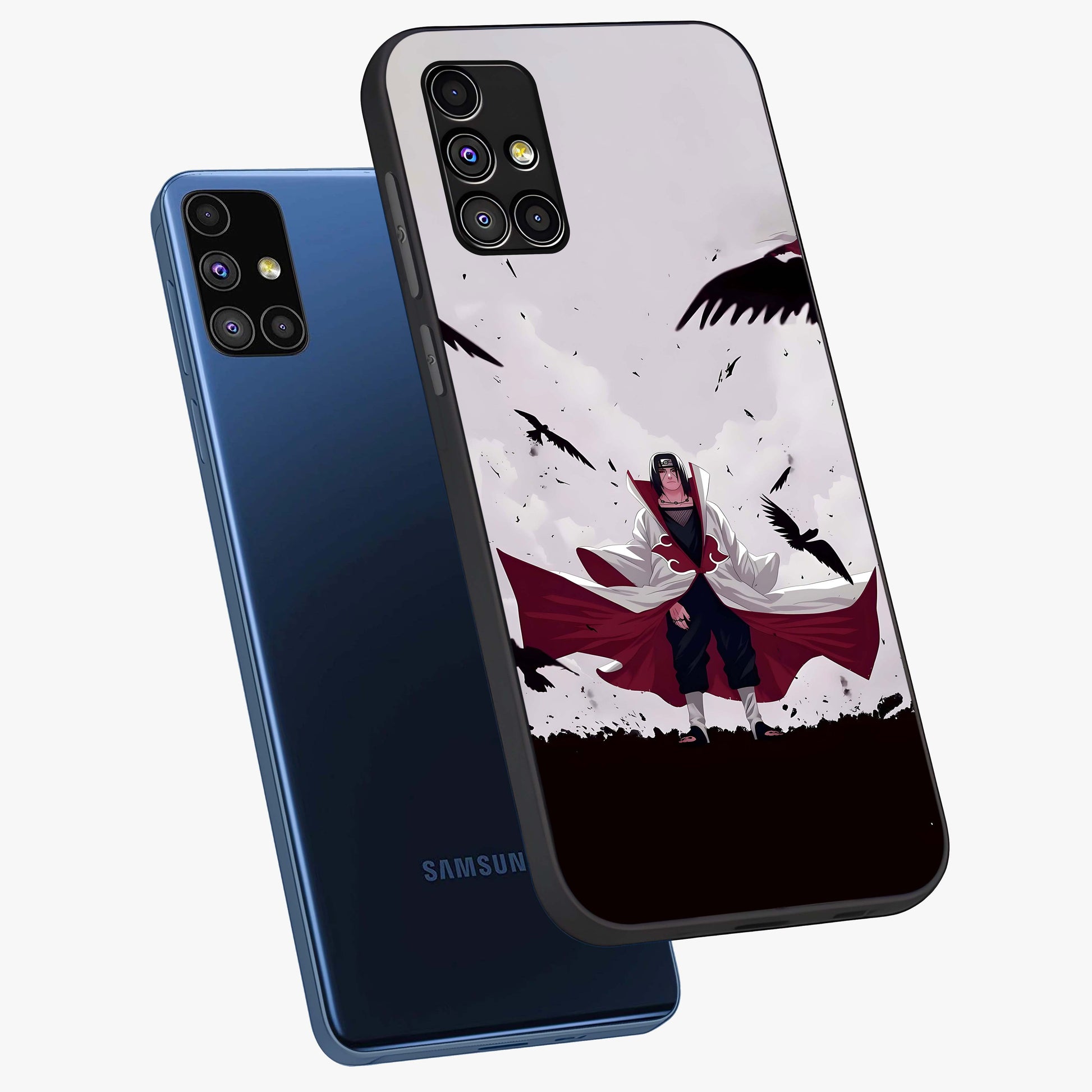 Crimson Crow Ascension Glass Case displayed in angled mockup highlighting powerful crow illustration with dark crimson aesthetic.
