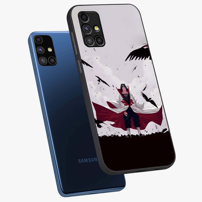 Crimson Crow Ascension Glass Case displayed in angled mockup highlighting powerful crow illustration with dark crimson aesthetic.