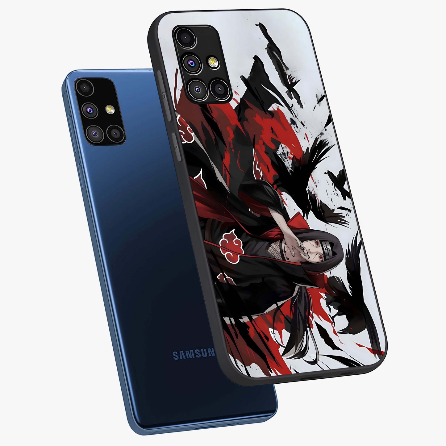 Crimson Crow Illusion Glass Case displayed in angled mockup highlighting mysterious crow graphic with dark aesthetic style.
