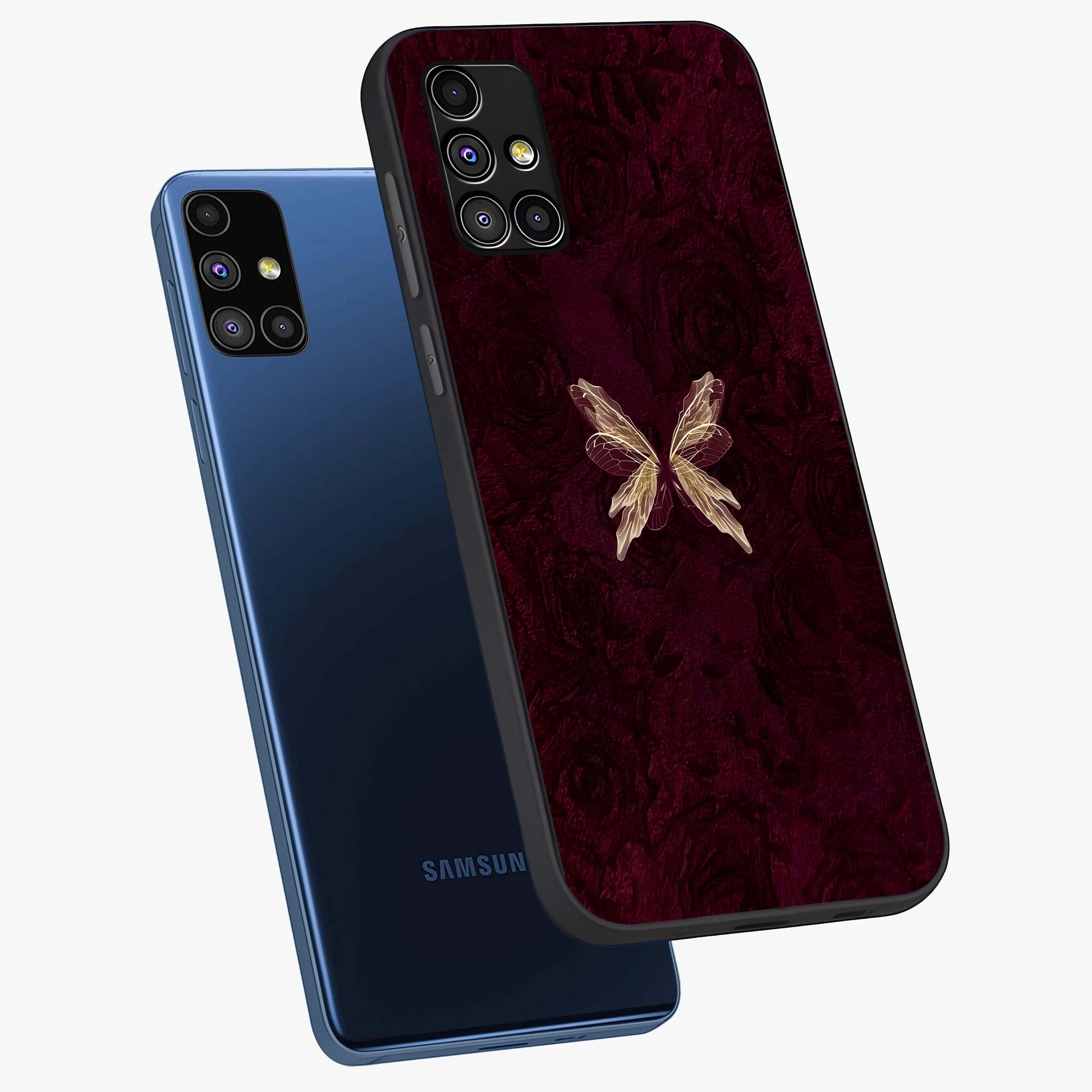 Crimson Fade Butterfly Glass Case displayed in angled mockup highlighting elegant butterfly design with crimson gradient aesthetic.