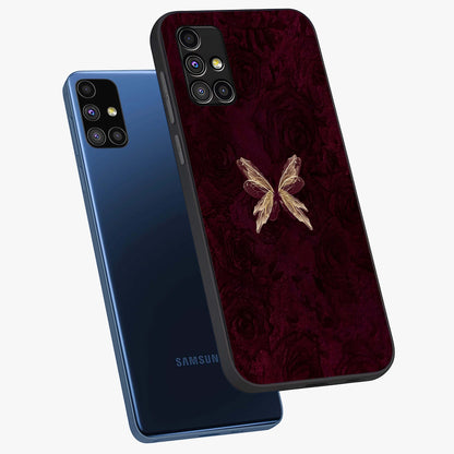 Crimson Fade Butterfly Glass Case displayed in angled mockup highlighting elegant butterfly design with crimson gradient aesthetic.