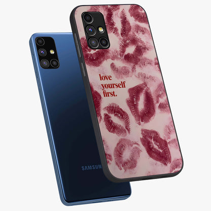 Crimson Kiss Love Glass Case displayed in angled mockup highlighting bold love inspired design with modern aesthetic style.