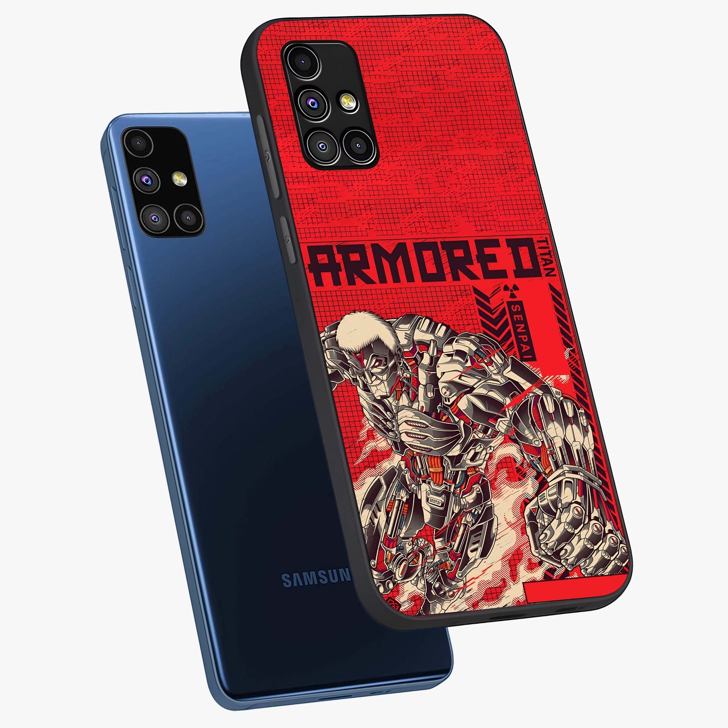 Crimson Mecha Titan Glass Case displayed in angled mockup highlighting futuristic mech illustration with bold crimson aesthetic.