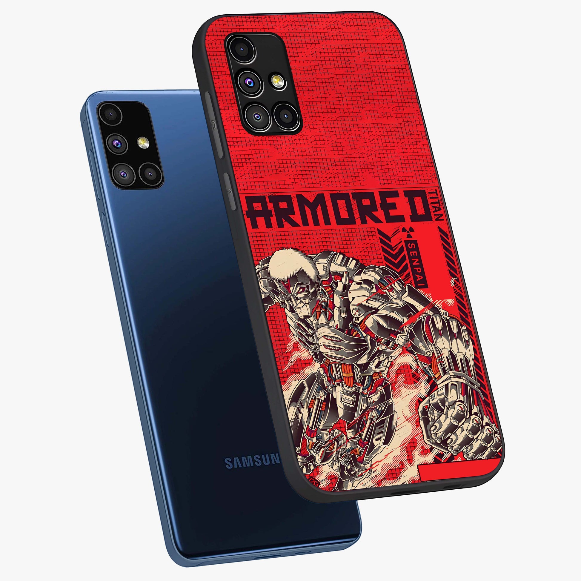 Crimson Mecha Titan Glass Case displayed in angled mockup highlighting futuristic mech illustration with bold crimson aesthetic.