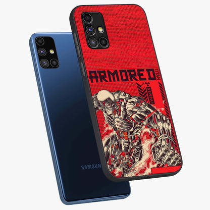Crimson Mecha Titan Glass Case displayed in angled mockup highlighting futuristic mech illustration with bold crimson aesthetic.