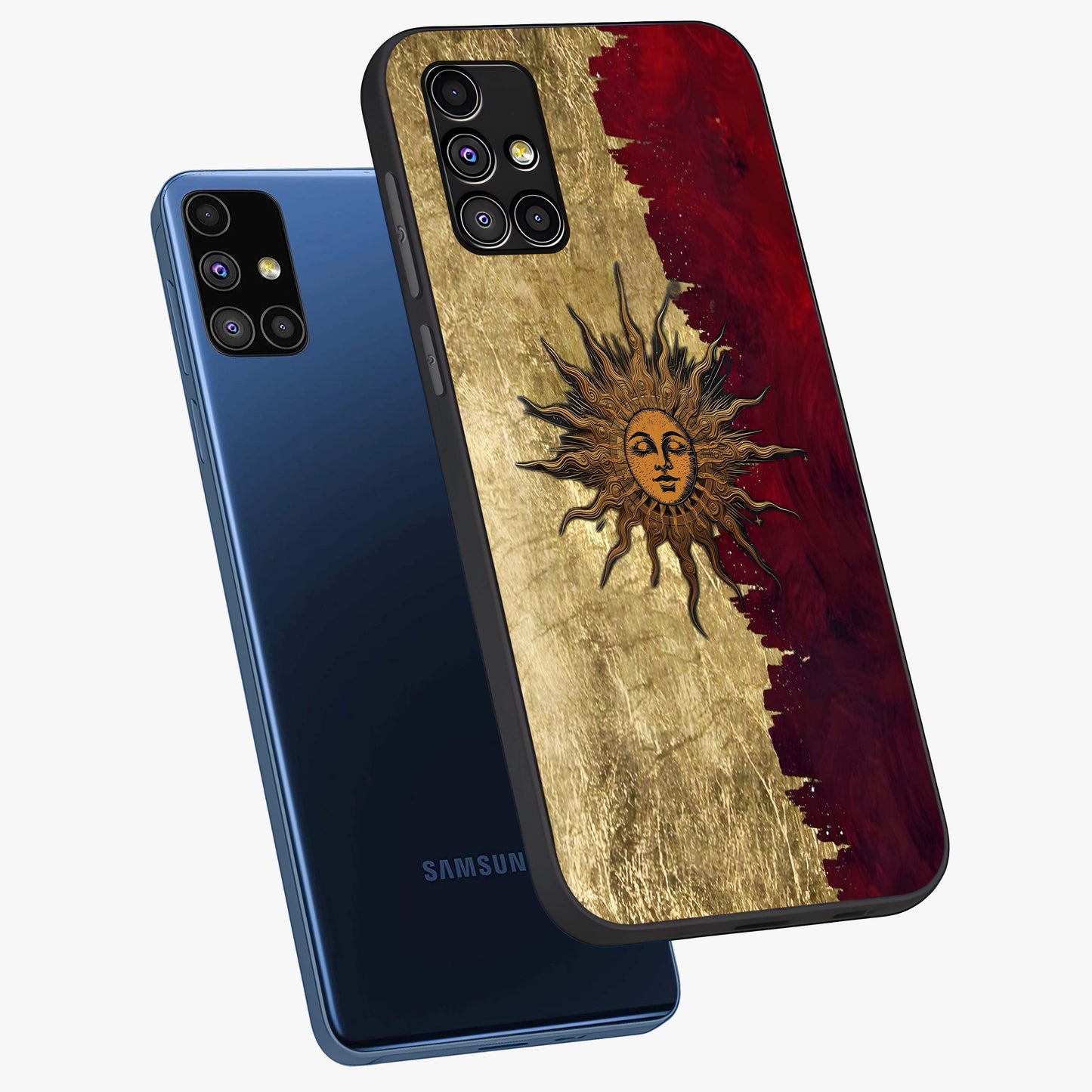 Crimson Sun Majesty Glass Case displayed in angled mockup highlighting majestic crimson sun design with bold aesthetic style.