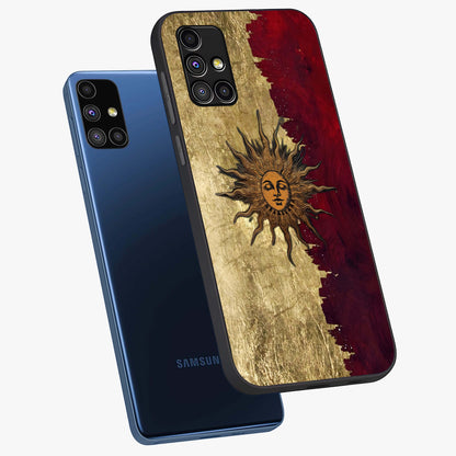 Crimson Sun Majesty Glass Case displayed in angled mockup highlighting majestic crimson sun design with bold aesthetic style.