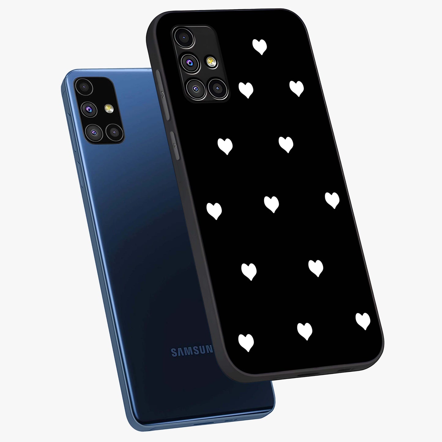 Cute And Simple White Hearts Glass Case displayed in angled mockup highlighting cute heart design with clean aesthetic style.