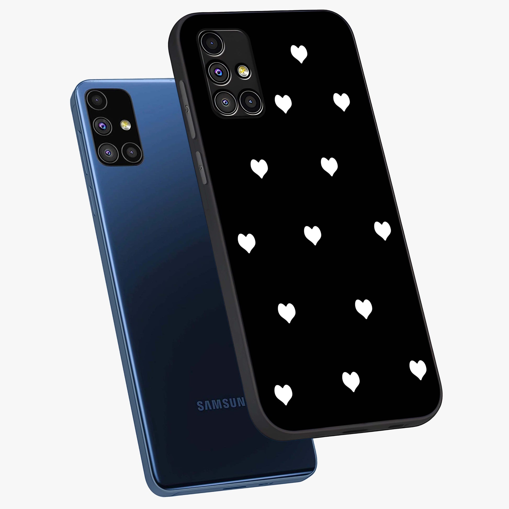 Cute And Simple White Hearts Glass Case displayed in angled mockup highlighting cute heart design with clean aesthetic style.