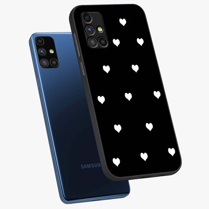 Cute And Simple White Hearts Glass Case displayed in angled mockup highlighting cute heart design with clean aesthetic style.